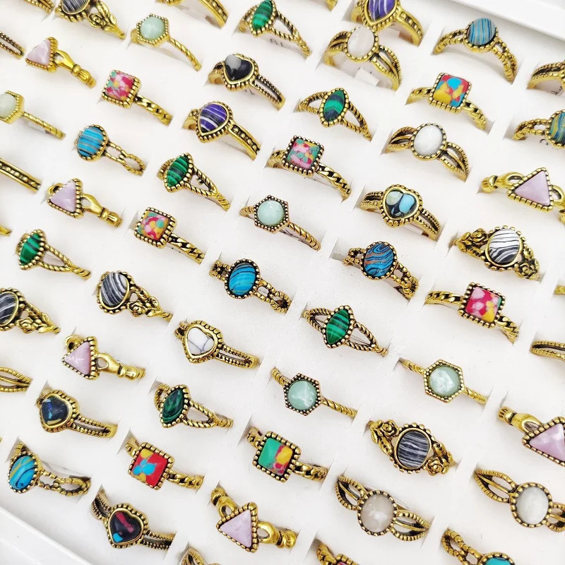 20/30/50Pcs/Lot Vintage Pine Stone Rings for Women Wholesale Mix Bohemian Style Antique Gold Color Ethnic Joint Men Jewelry Gift 240626