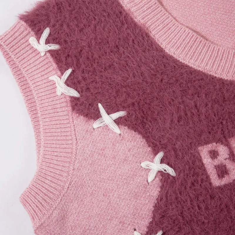 Autumn Winter Sweater Vest Men Plush Patchwork Loose Sleeveless V-neck Sweaters Vest Harajuku Oversize Couple Knitwear Pullover 240704