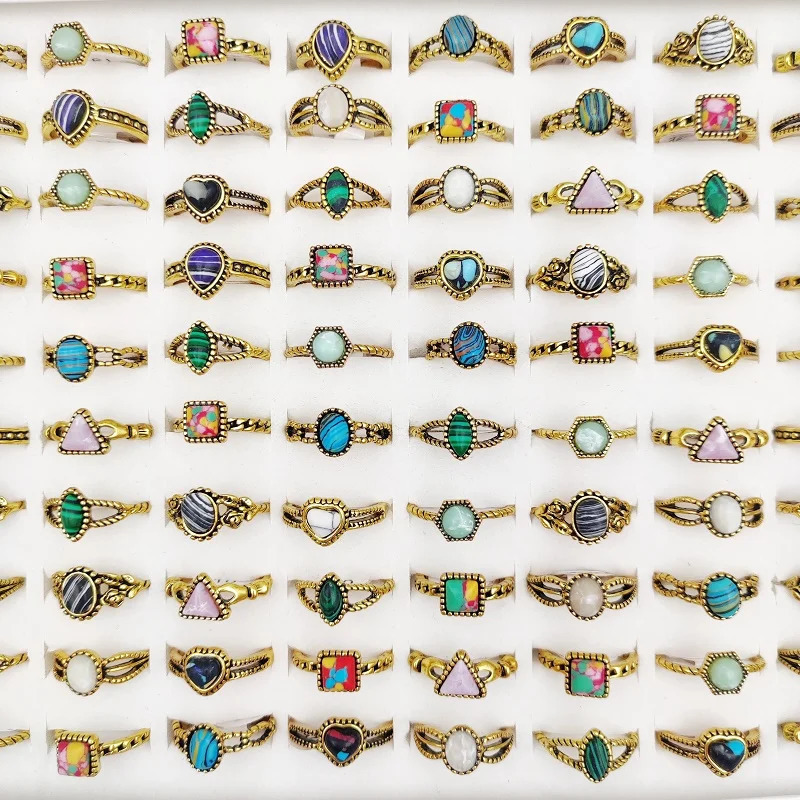 20/30/50Pcs/Lot Vintage Pine Stone Rings for Women Wholesale Mix Bohemian Style Antique Gold Color Ethnic Joint Men Jewelry Gift 240626
