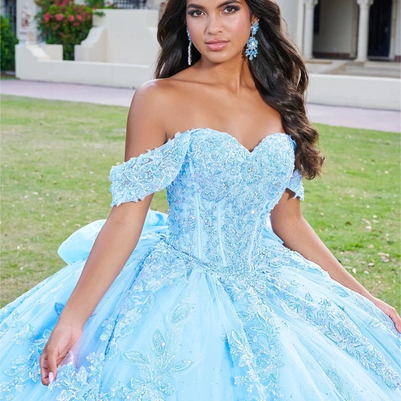 Sky Blue Shiny Quinceanera Dresses Sleeveless Crystal Sequined Ball Gown Off The Shoulder Applique Lace Corset Vestidos Para XV