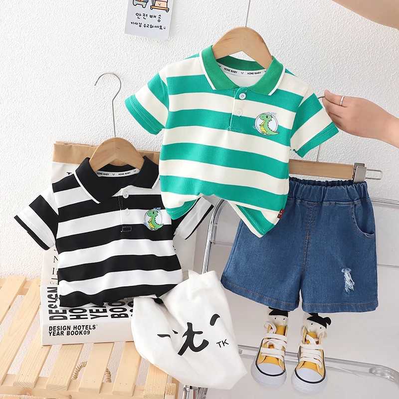 Clothing Sets Fashion Summer Kids Baby Boys Striped Dinosaur Suits Short Sleeve T-Shirt +Shorts Casual Clothes Outfit Girls Clothing 2PCS/Set