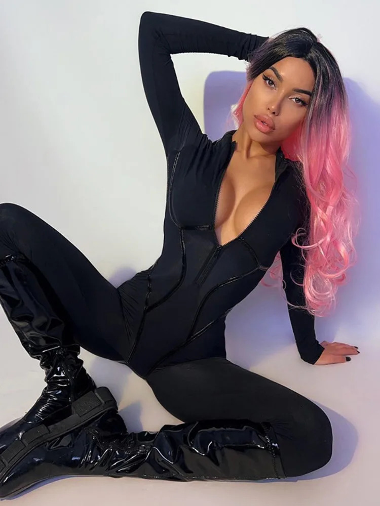 Mozision Black Sexy Skinny Jumpsuit Women Overalls O Neck Full Sleeve Zipper Sporty Jumpsuits Ladies Fashion Rompers Streetwear 240703