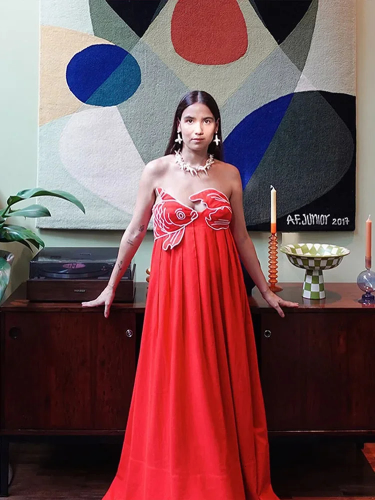 Fashion Chinese Red Fish Shaped Bra Sling Dress Women Sexy Sleeveless Backless Pleat Dresses Elegant Lady Beach Party Robes 240628