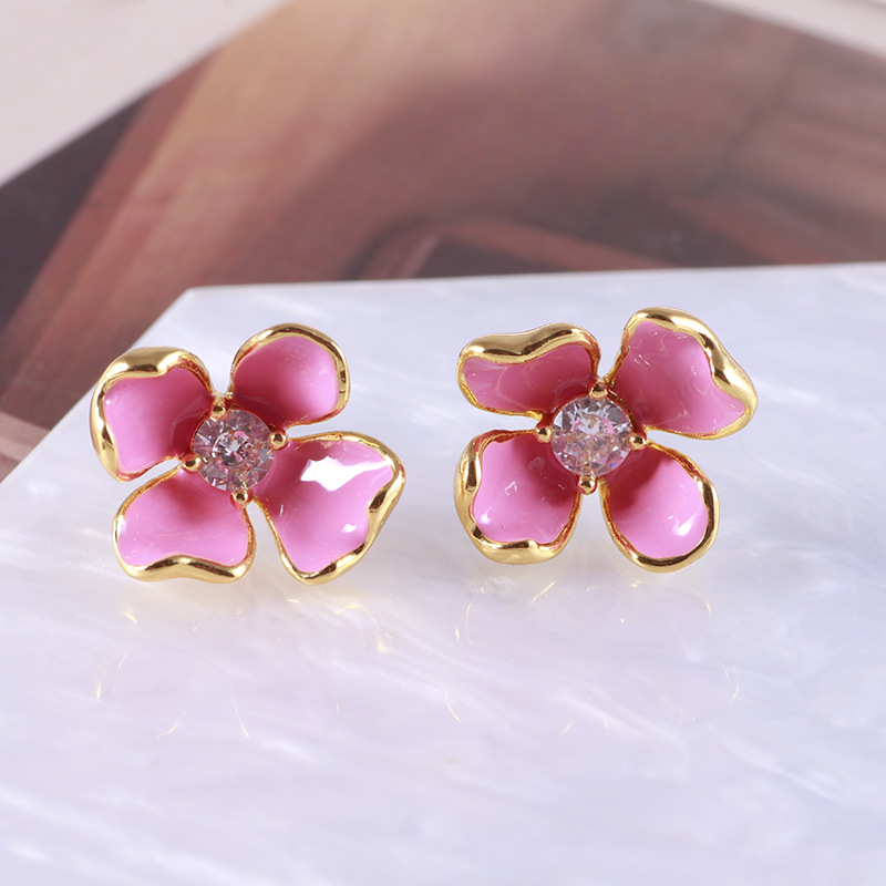 KS brand luxury earrings jewelry for women lovely pink flower designer earring 18k gold retro fresh romantic enamel brincos aretes earings ear rings jewelry