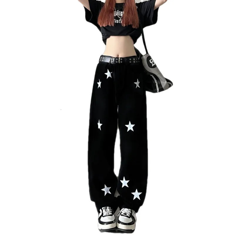 High Street Star Print White Black Jeans Womens Denim Pants Korean Fashion Streetwear Y2k Clothes Pant Clothing High Waist 240704