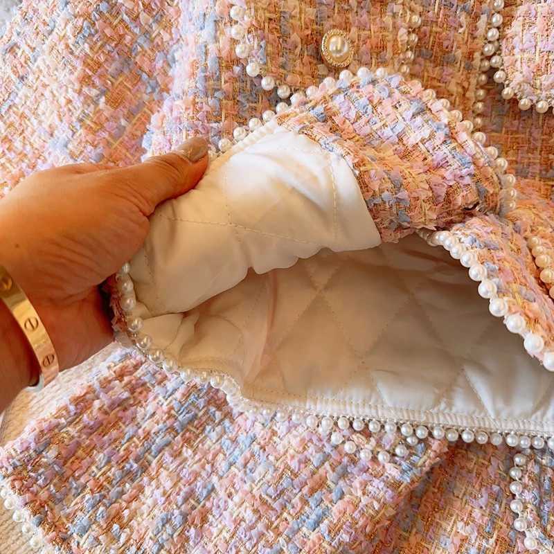 Clothing Sets Korean Suit For Girls Autumn And Winter Checkered Small Fragrant Wind Girl Set Fashion Coat+Short Skirt Knitting Two Piece Set