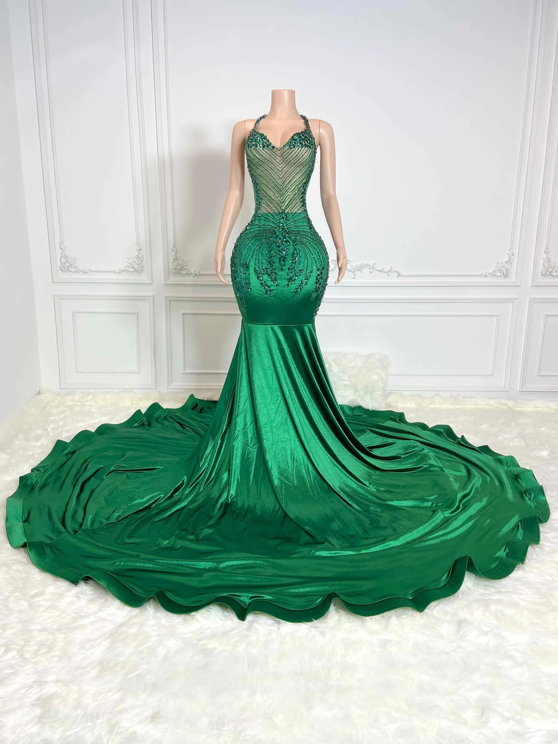 Green Halter Women Long Prom Dresses For Black Girls Luxury Mermaid Diamond African American Prom Gowns Evening Gala Party Dresses