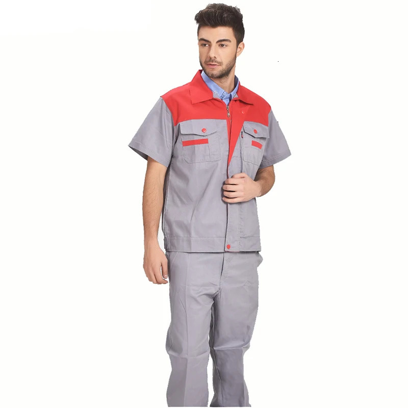 Men Women Summer Workwear Factory Workshop Uniforms Work Clothes Set Short-sleeve Coveralls Contrast Color 240704