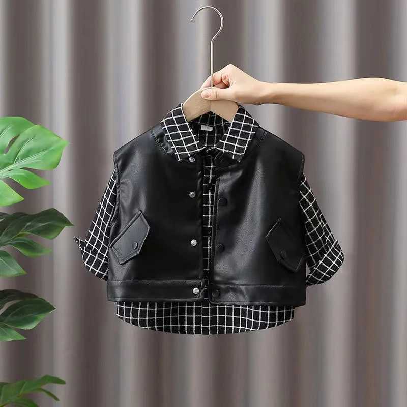Clothing Sets Boys Spring And Autumn Set 2024 New Fashion Childrens Pu Vest+Shirt Two piece Set For Boys And Babies Fashion Two piece Set