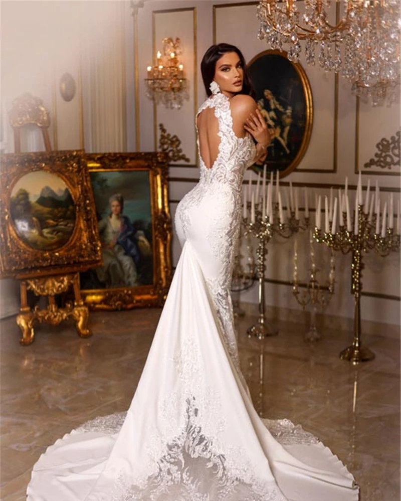 Mermaid Wedding Sexy Dress Halter Neck Sleeveless Lace Appliques Backless Women Bride Gown Plus Size Beach Vestidos De Noiva Customed