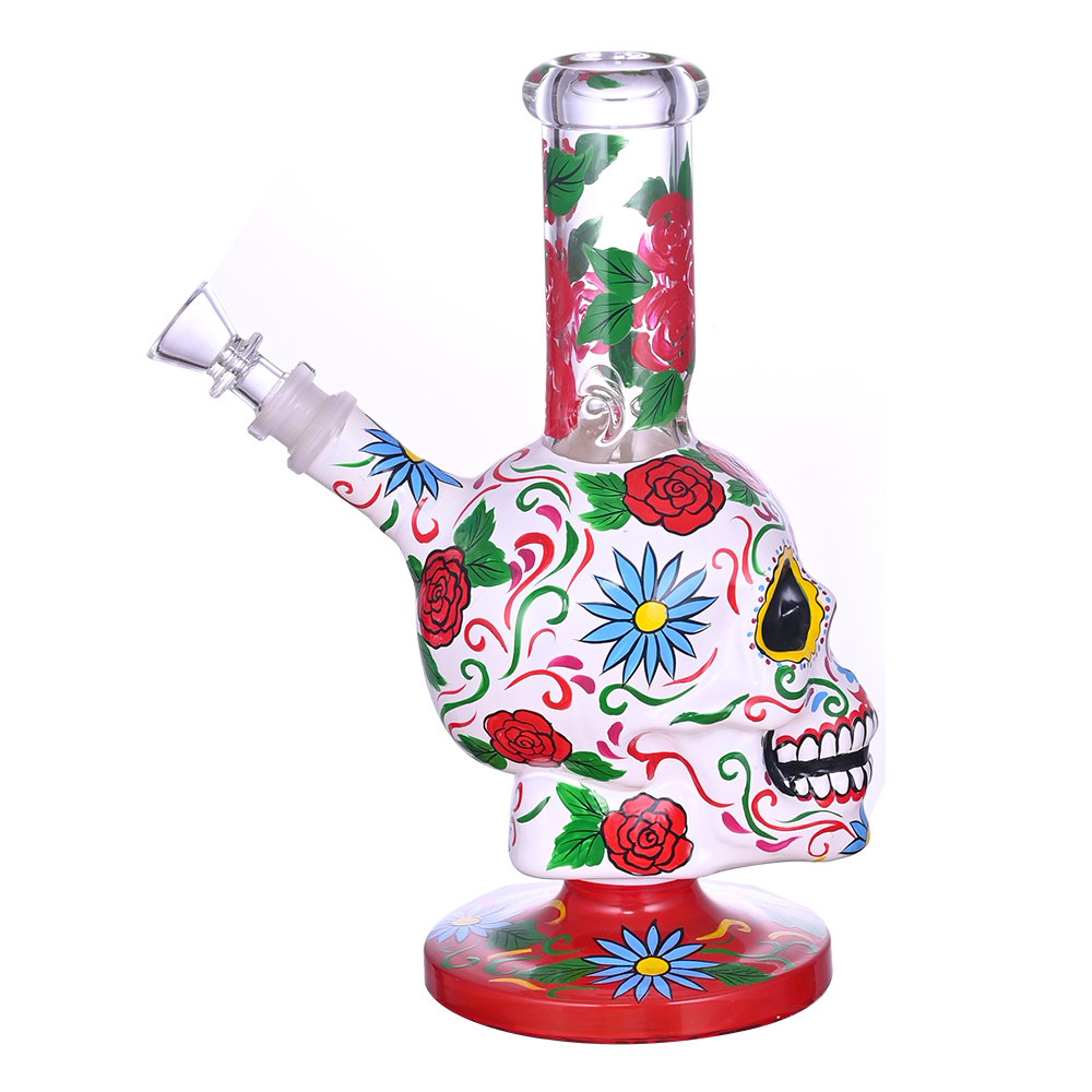 9.4in HippiesGlass,Hand Drawn Terror Skeleton Glass Beaker Bong,Cute Flower Bong,Borosilicate Glass Water Pipe,Glass Hookah,Handmade Crafts,Smoking Ac