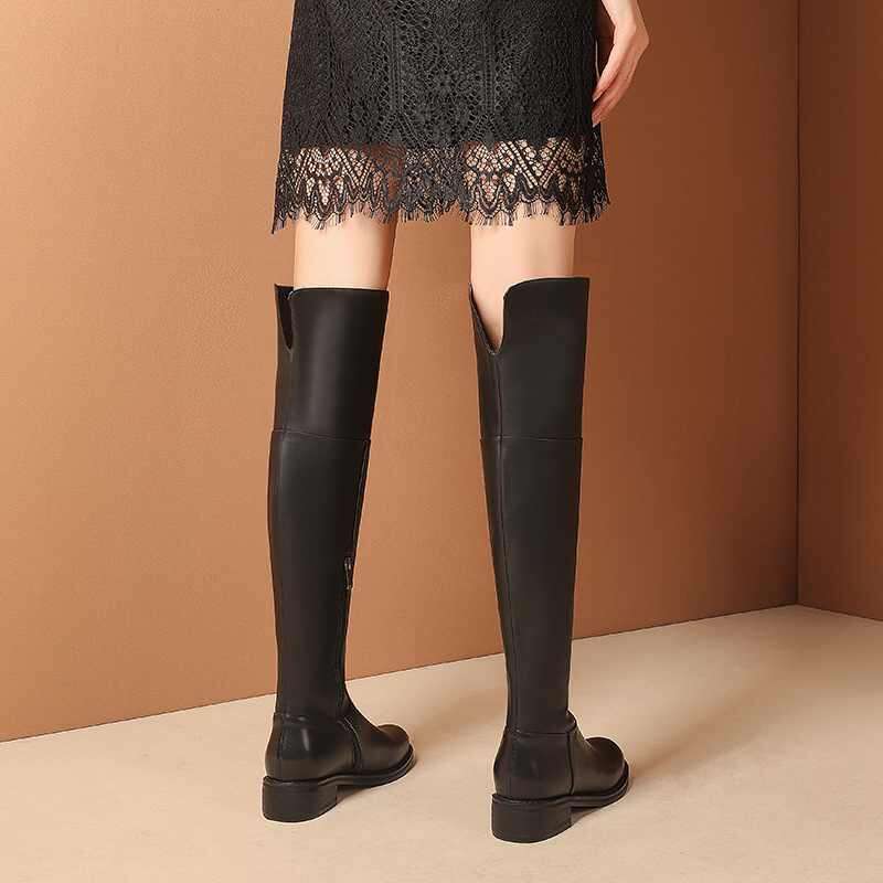 Big Size 43 Cow Leather Round Toe Med Heel Young Lady Daily Wear Simple Style Classic Black Over-The-Knee Boots L52
