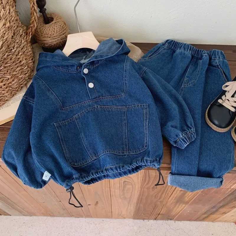 Clothing Sets 2024 Autumn Children Clothes Boys Suit Denim Hooded Pullover Tops + Jeans Pants 2Pcs/Set 1-7Yrs Casual Outfits Kids Sportswear