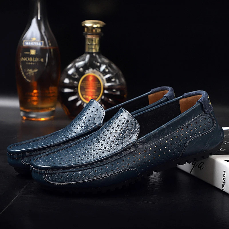 mens casual leather shoes breathable holes summer leather mens soft-soled moccasin shoes hollow driving shoes BTMOTTZ 240705