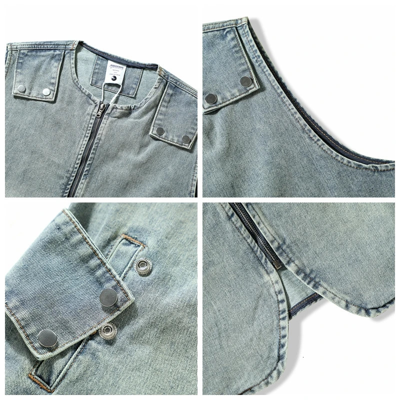 American Original Trendy Functional Denim Cargo Vest Washed Distressed Dark Vintage Round Neck Zipper Up Jeans Vests Couple 240701