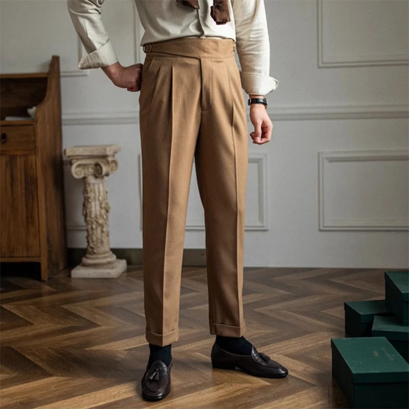 Casual Solid Color Suit Trousers Men Spring Trendy Belt High Waist Pants Male Business Office Fashion Pleated Straight 240702