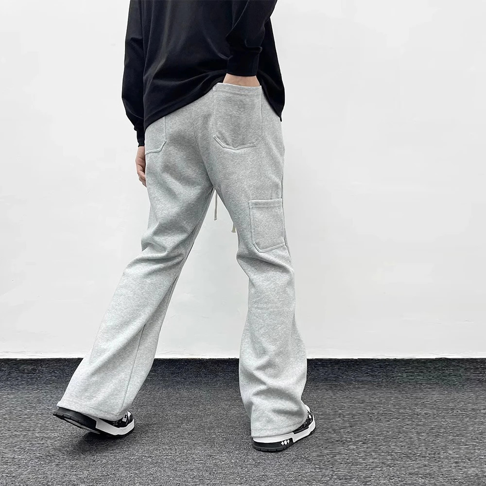American Streetwear Gray Flared Sweatpant Men Double Knee Patch Micro Flare Overalls Harajuku Casual Patchwork Sweat Pants Black 240701