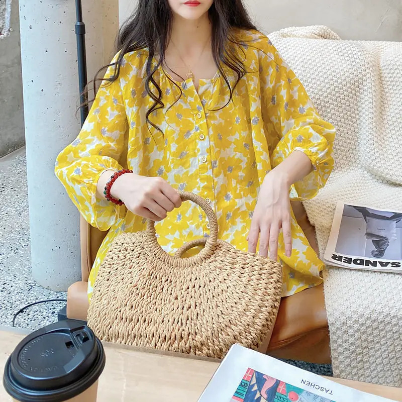 Women Floral Print Sweet Chic Kawaii Button Shirts Summer Korean Style O Neck 3/4 Sleeve Blouses Casual Y2K Streetwear Tops Ropa 240704