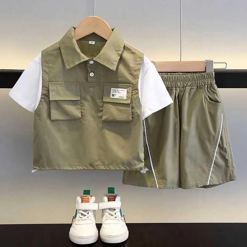 Clothing Sets Boys Summer Short sleeved Set 2024 New Fashionable Baby Summer Clothing Childrens Handsome Casual Childrens Wear 2 Pcs