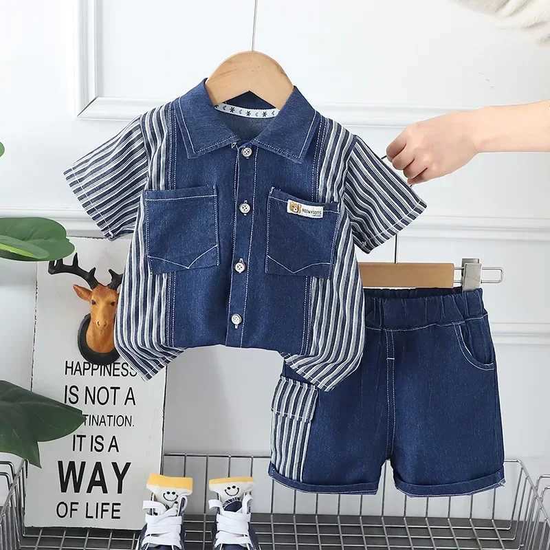 Clothing Sets New Children Fashion Boys Denim Clothing Sets Casual Striped Shirts Shorts 2pcs Kids Outdoor Suit Toddler Suit 0-5 Years