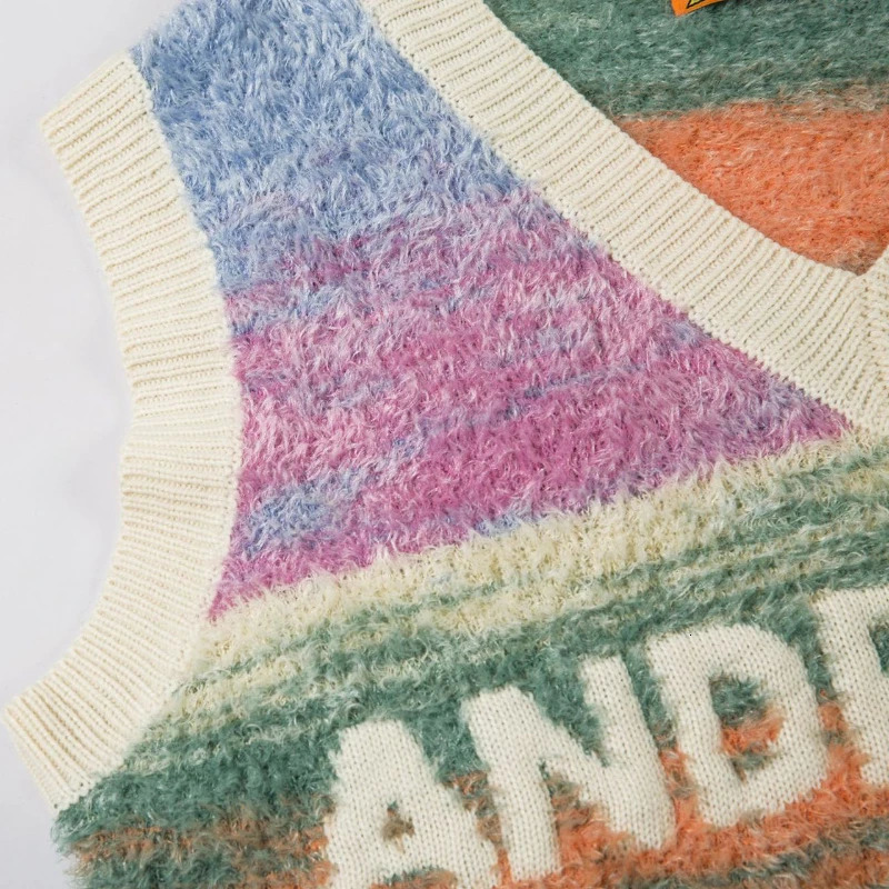 Harajuku Plush Sweater Vest Men Women Gradient Striped Loose Sleeveless V-neck Pullover Autumn Winter Korean Casual Sweaters 240704