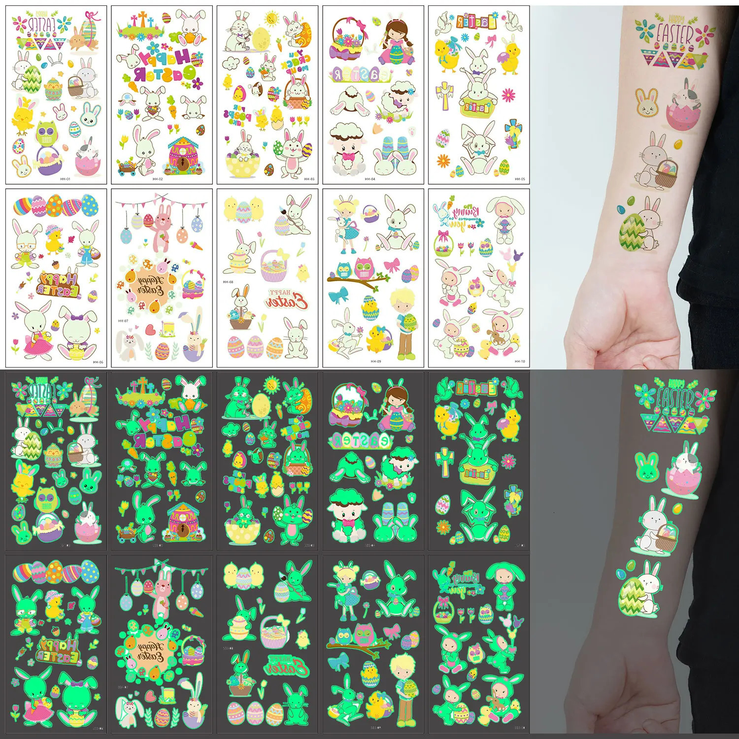 10 pieces of Easter cartoon bunny Easter egg pattern illuminated temporary tattoo stickers night glow birthday party gift stickers 240705