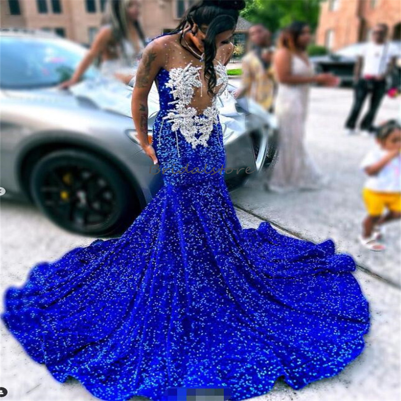 Sparkle Blue Sequin Prom Dresses With Crystal Sheer Neck Beaded Mermaid Evening Dress Luxury Open Back Birthday Sixteen Formal Occasion Shine Party Ve