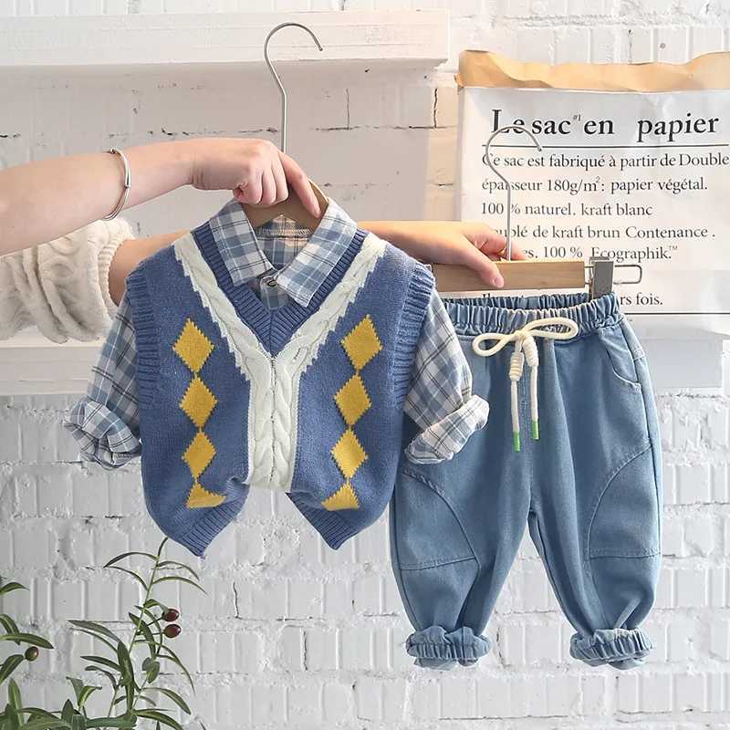 Clothing Sets Korean 2024 New Baby Boy Clothing Sets Autumn For Children Cotton Fashion Pants Shirt+Vest 3pc Kids Clothes Boy Suit 1-5Y