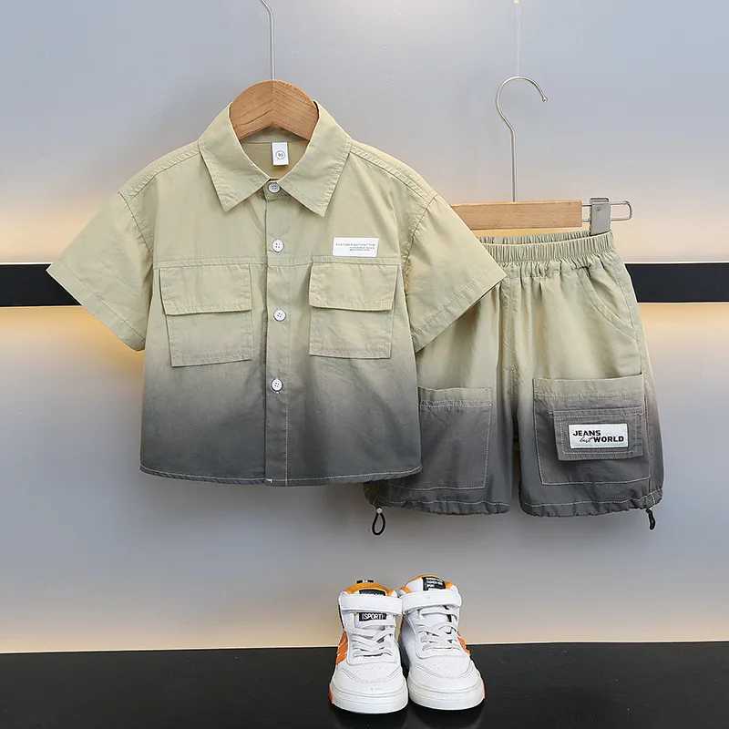 Clothing Sets Boys Summer Clothing Short-sleeved Shirt and Shorts Set 2024 Boys Literary Clothes Boys Cool Ruffian Handsome