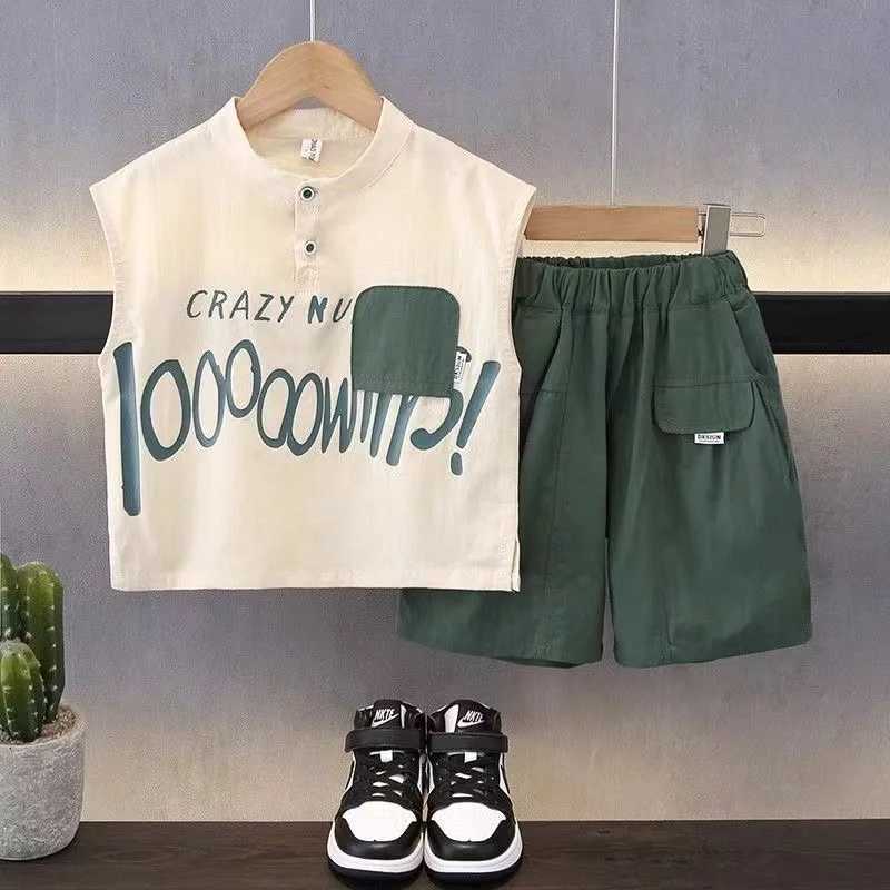 Clothing Sets Childrens Set Boys Summer Sleeveless Vest 2024 New Western Style Baby Summer Cool Childrens Two Piece Set Trendy