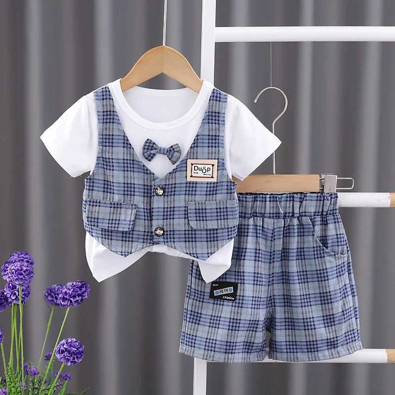 Clothing Sets 2023 Summer Baby Boys Cotton T-Shirt Plaid Shorts Pants Wedding Party 2PCS Clothing Set Toddler Kids Gentleman Suit for 1-5Years