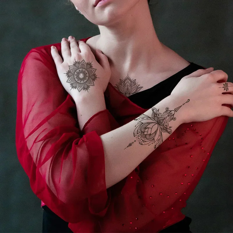 Black lace pattern rose peony girl temporary tattoo waterproof tattoo sticker 3D flower womens shoulder DIY 240705