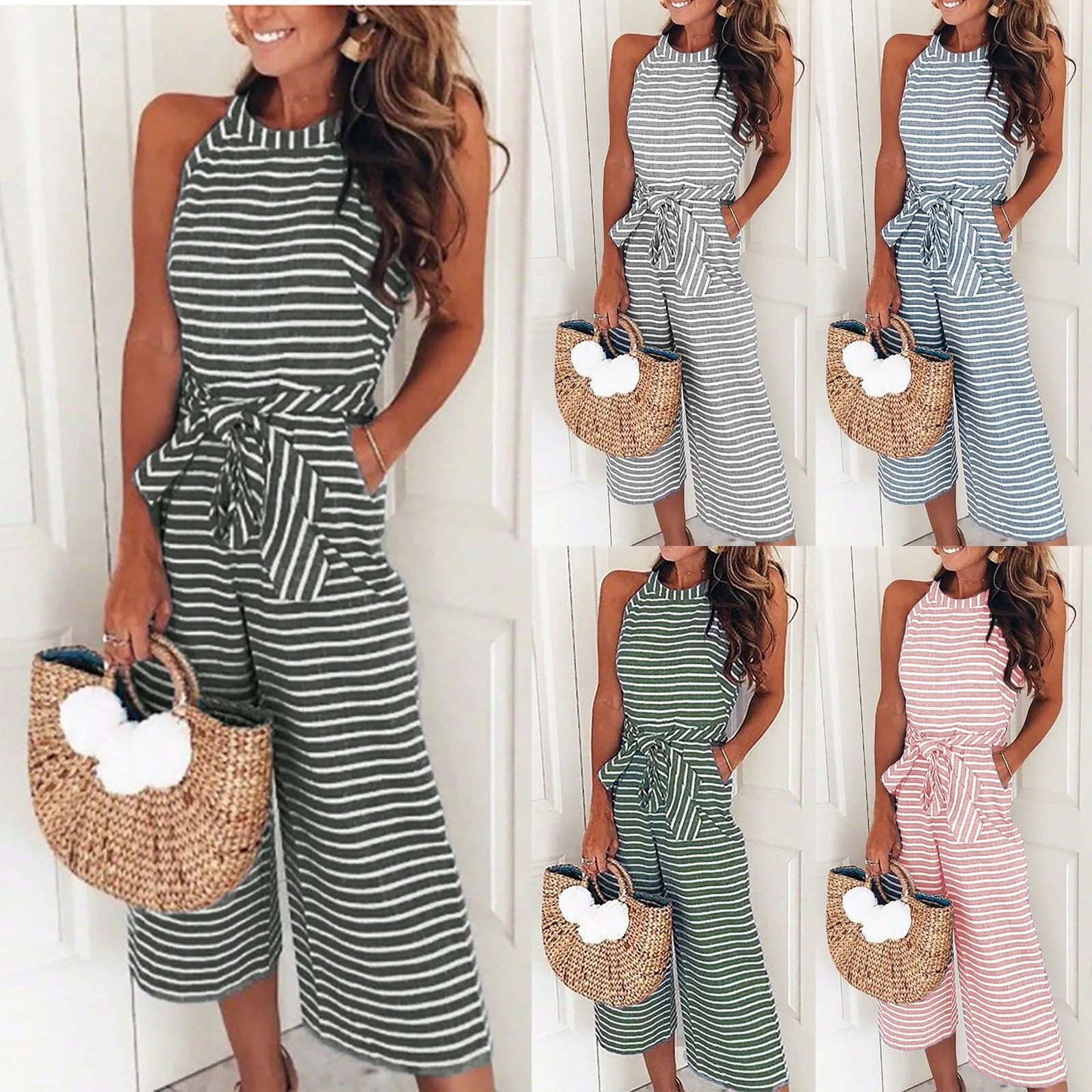 Jumpsuit Lady Outfit Elegant Women Sleeveless Jumpsuits Sexy Halterneck Long Rompers Wide Leg Pants Fashion Stripped Bodysuit 240703