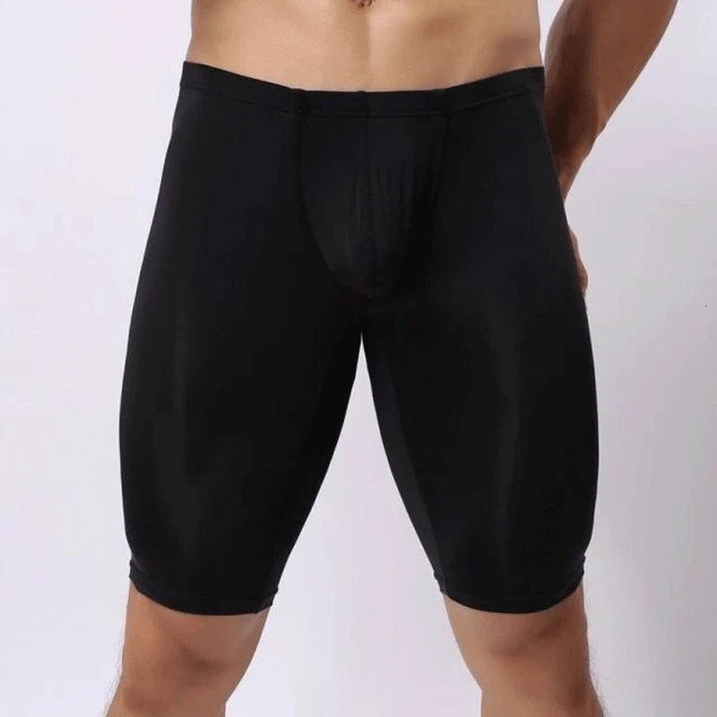 Mens Ice Silk Ultra-thin Bottom Shaping Summer Low Waist Sexy Transparent Tight-fitting Five-point Solid Color Bodysuit Pants 240703