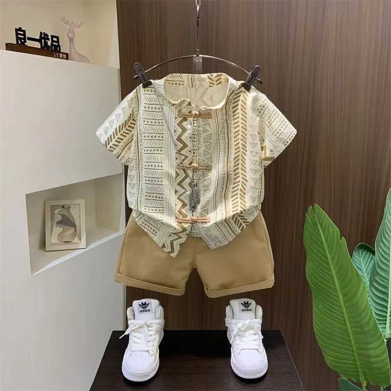 Clothing Sets Boys Summer Set New Chinese Style Set New Childrens Ancient Hanfu Trendy Baby Summer Thin Short sleeved Clothes Two Piece Set