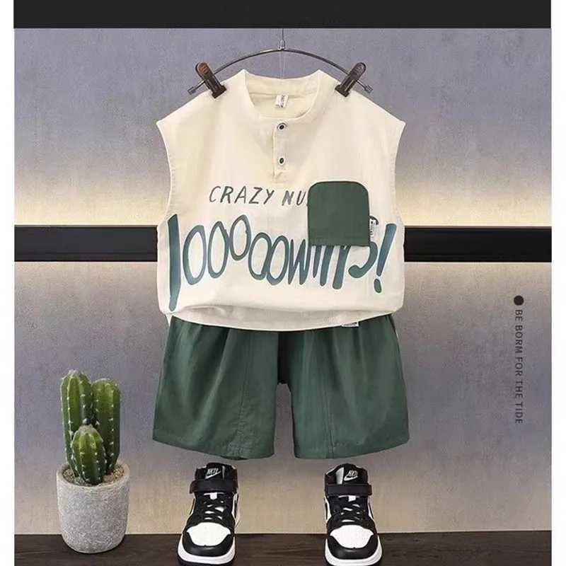 Clothing Sets Childrens Set Boys Summer Sleeveless Vest 2024 New Western Style Baby Summer Cool Childrens Two Piece Set Trendy