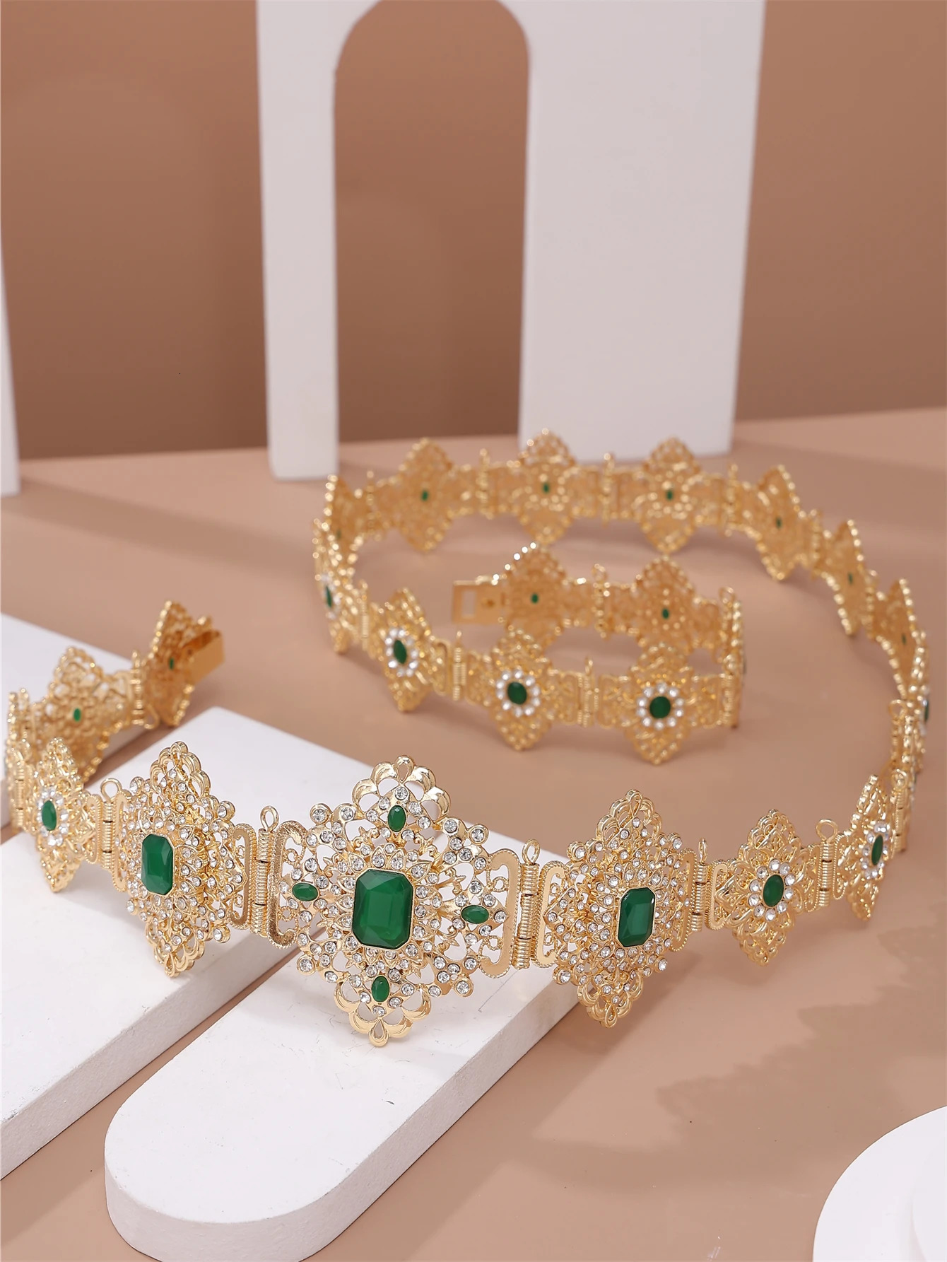 Moroccan Wedding Jewelry Caftan Belt for Women Gold Color Red Blue Crystal Bride Gift Long Adjustable Waist Chain 240701