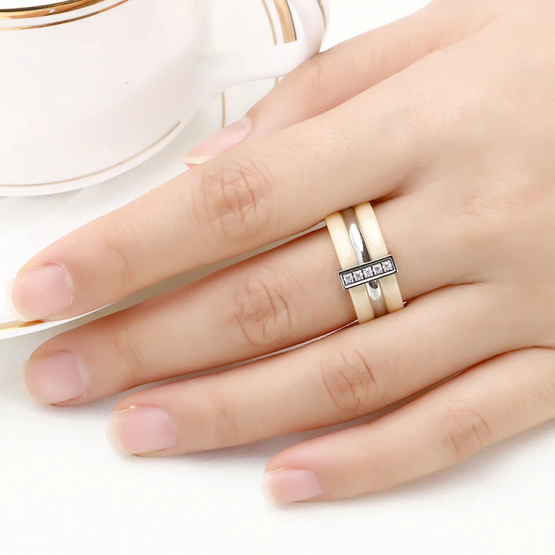 Trendy Green Yellow Ceramic Rings With Bling Rhinestone Three Layers Stainless Steel Rings Never Fade Fashion Jewelry 240626