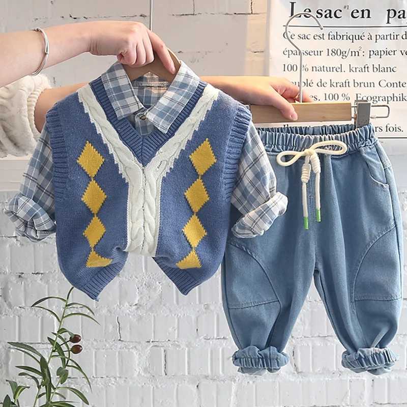 Clothing Sets Korean 2024 New Baby Boy Clothing Sets Autumn For Children Cotton Fashion Pants Shirt+Vest 3pc Kids Clothes Boy Suit 1-5Y