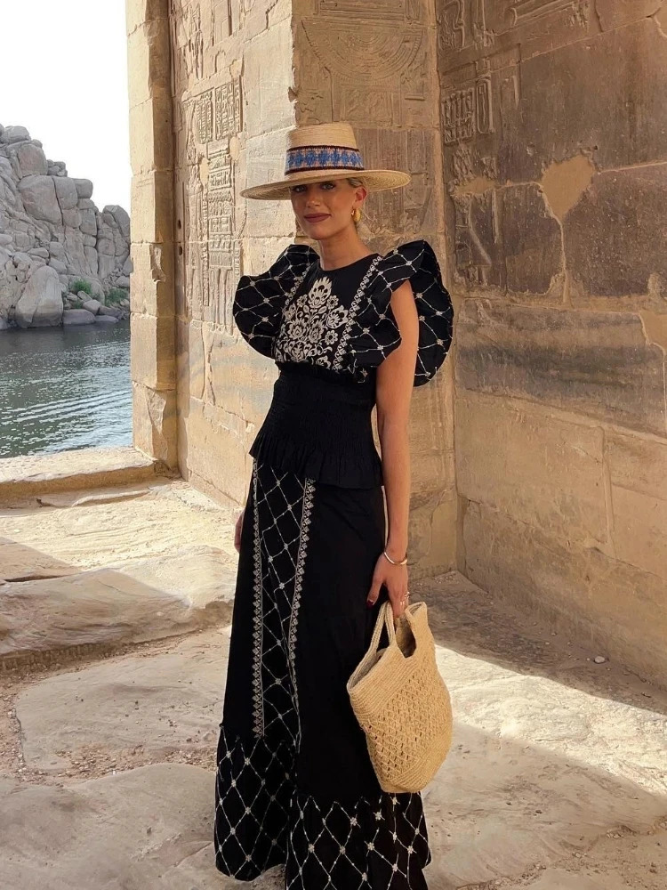 Women Elegant Flying Sleeve Printed Top 2 Piece Sets Summer Chic O Neck Tee Wrap Waist Long Skirt Suit Outfits 240704