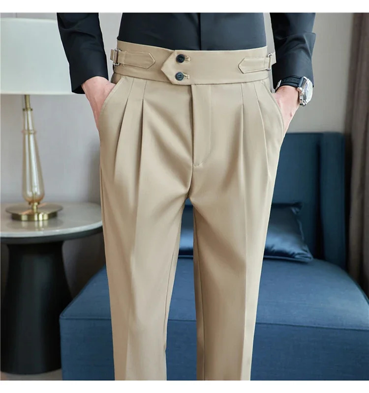 Mens Dress Pants High-quality English Style Solid Casual Slim Fit Trousers High-waisted Business Leisure Formal Pants 38 240701