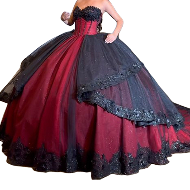 Burgundy And Black Gothic Wedding Dresses Sequins Lace Appliques Ball Gown Vintage Bride Dress Sweetheart Strapless Corset Vestido De Novia Sleeveless
