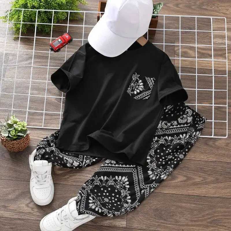 Clothing Sets 3-15Y Childrens Clothing Set Summer New Boys Baby Thin Cashew Flower Short Sleeve T-shirt Pants 2 Piece Set Kids Outfits