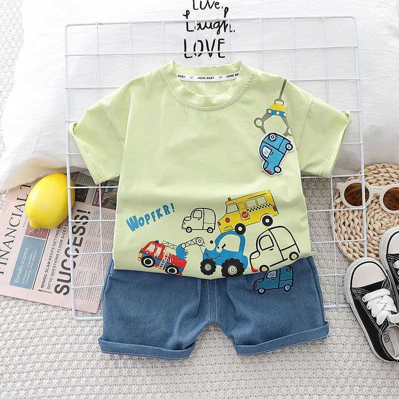 Clothing Sets Kids Baby Boys/Girls Summer Clothes Kids Cartoon Car Cotton T-shirt Denim Shorts 2Pcs Suit Childrens Wear Leisure sports Sets