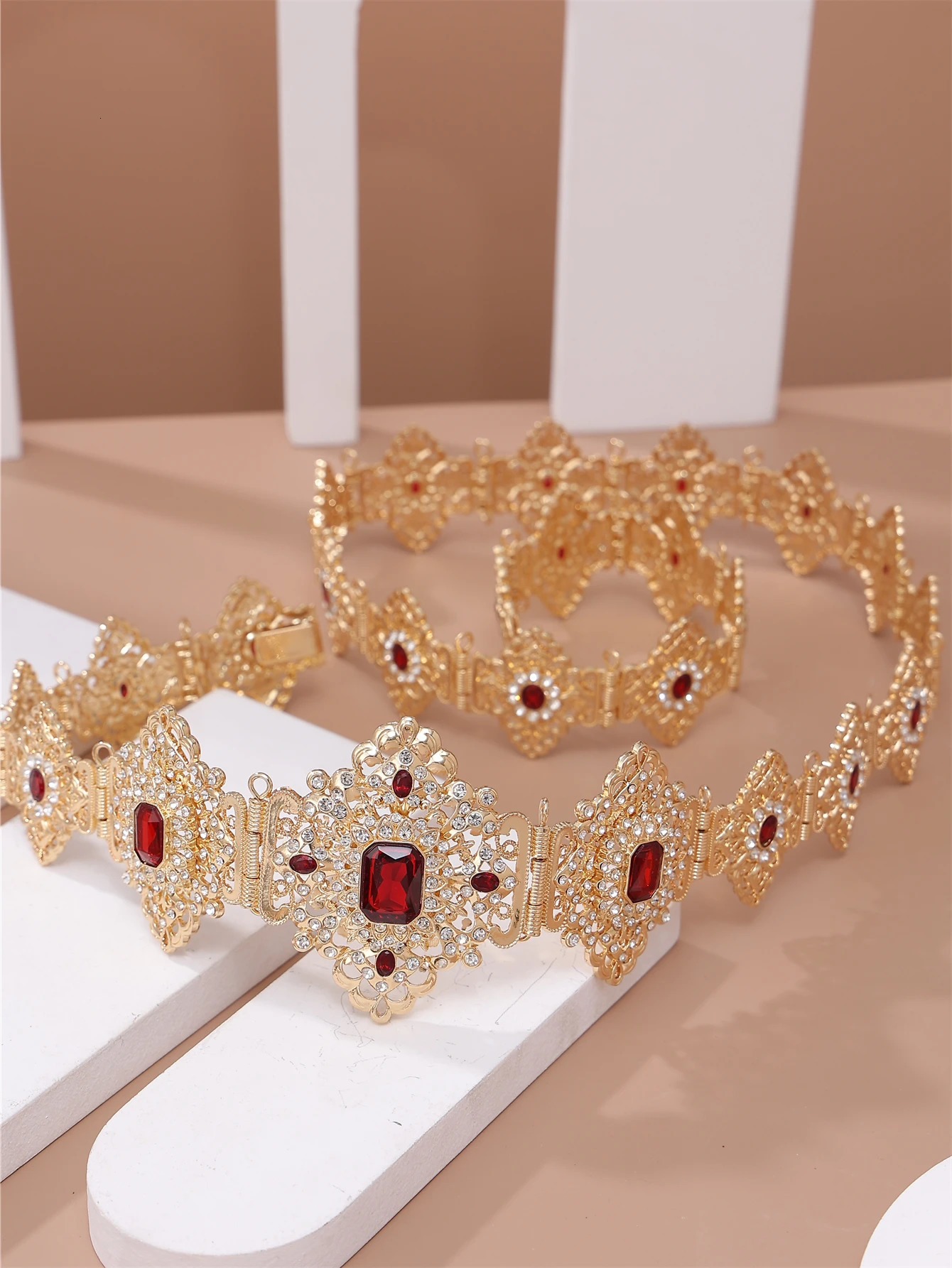 Moroccan Wedding Jewelry Caftan Belt for Women Gold Color Red Blue Crystal Bride Gift Long Adjustable Waist Chain 240701