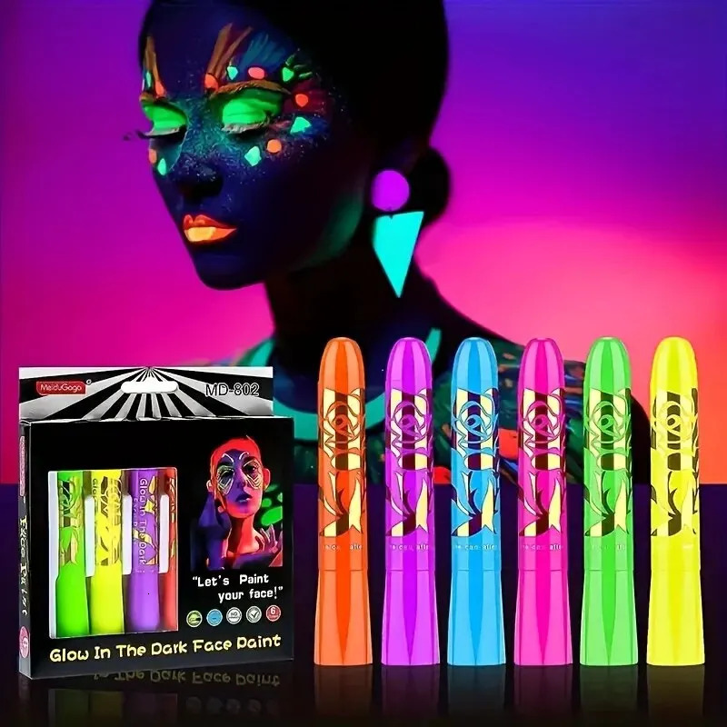 6pcs UV Black Light Face Paint Crayons Kit Neon Body and Face Makeup Sticks for Mardi Gras and Halloween Costume Parties Unisex 240705