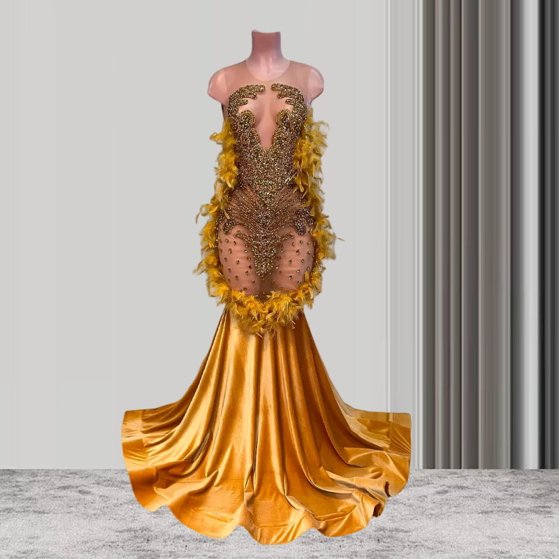 Luxury Gold Sheer Feather Women Long Prom Dresses For Black Girls Mermaid Diamond African American Prom Gowns Evening Gala Party Dresses