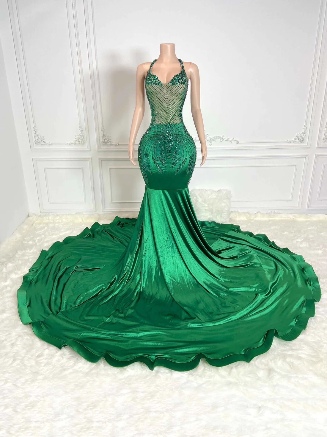 Green Halter Women Long Prom Dresses For Black Girls Luxury Mermaid Diamond African American Prom Gowns Evening Gala Party Dresses