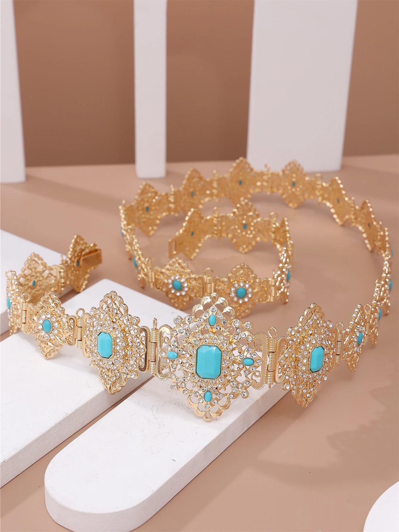 Moroccan Wedding Jewelry Caftan Belt for Women Gold Color Red Blue Crystal Bride Gift Long Adjustable Waist Chain 240701