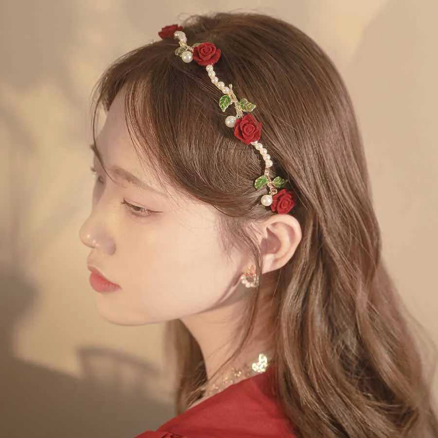 Headbands Red White Simulated Flower Rose Wedding Hair Accessories Hairband 2023 New French Romantic Spring Leaves Headdress Hair Hoops